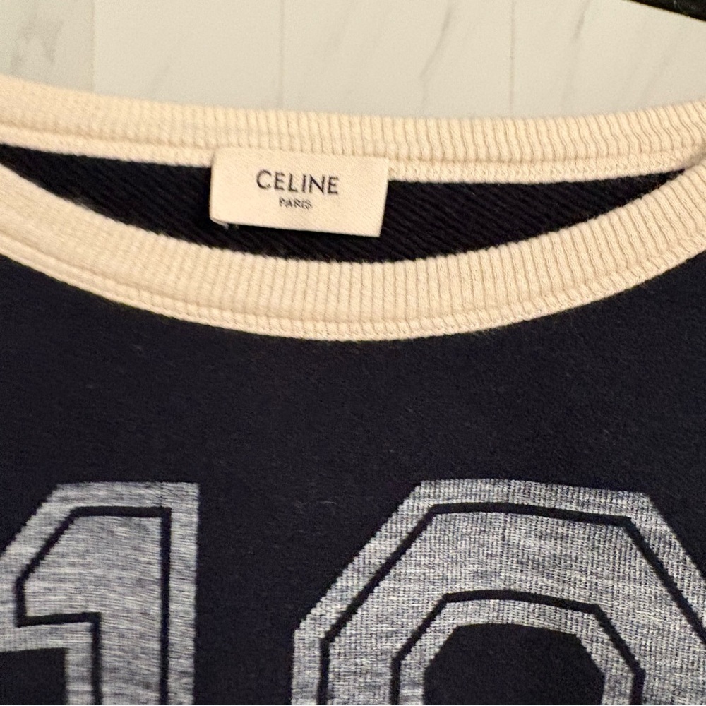 Celine Deep Blue Cotton Cashmere Crewneck Short-Sleeve Shirt "16" Logo - Picture 4 of 7